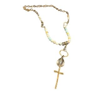 Natural stone necklace with crystal and cross. 
16” drop 
5.5” lariat drop